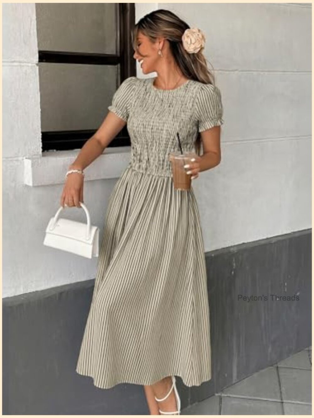 Smocked Midi Dress with Puff Short Sleeves and Striped Pattern - Picture 5 of 7